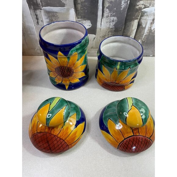 Mexican Blue Talavera Pottery Canister Set of 2 Sunflower w/ Lids - Picture 4 of 16